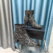 CC Ankle Boots Black Bow Tweed Sequin Beaded Fabric