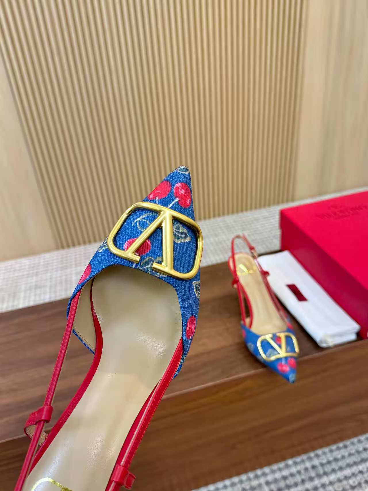 Valentino 2026 Garavani VLogo Cherry Embroidery Slingback Blue Denim Leather 502730