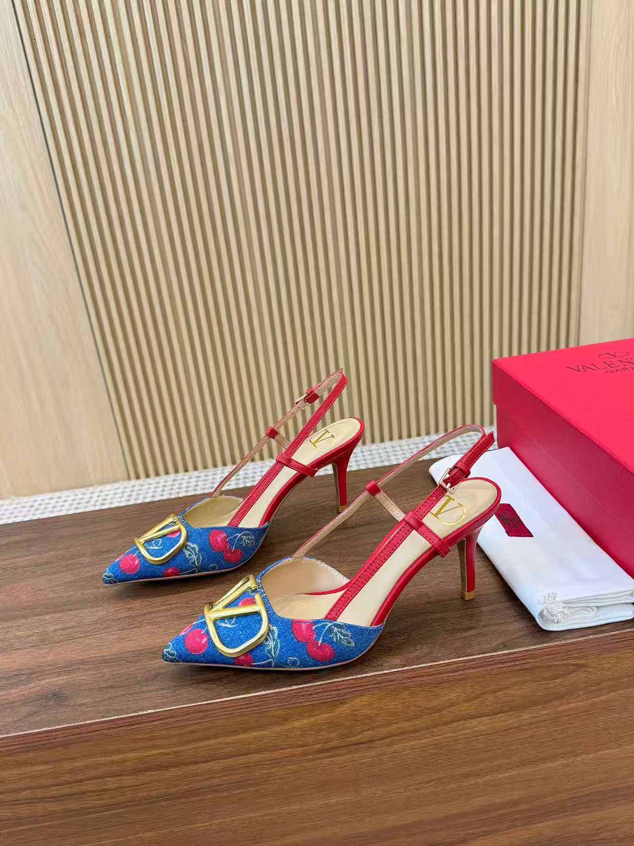 Valentino 2026 Garavani VLogo Cherry Embroidery Slingback Blue Denim Leather 502730