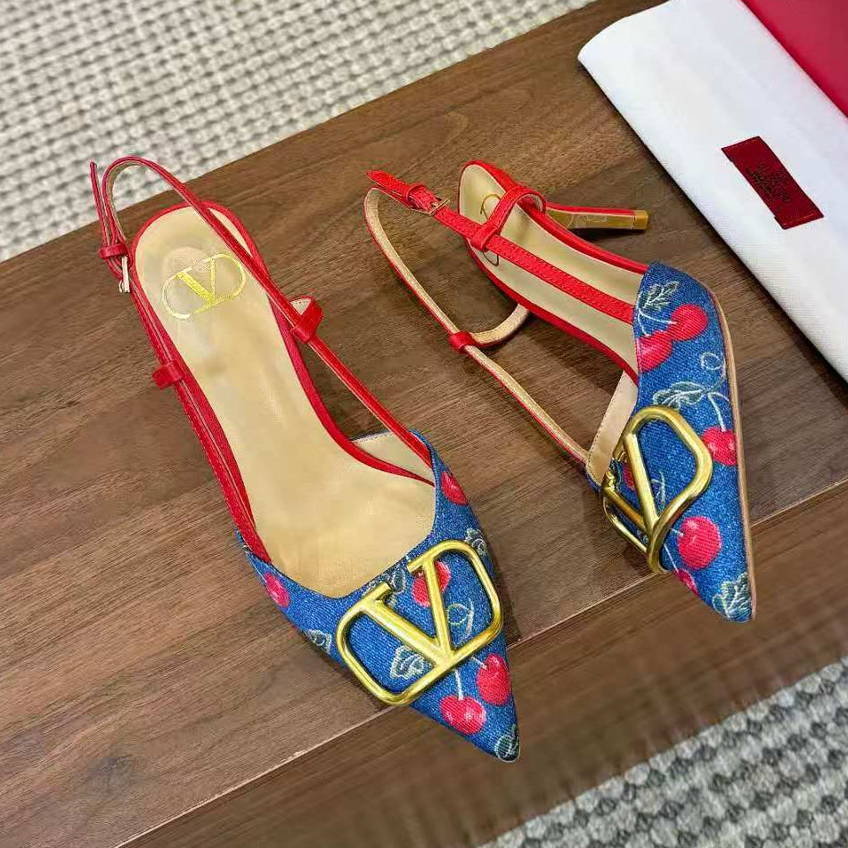 Valentino 2026 Garavani VLogo Cherry Embroidery Slingback Blue Denim Leather 502730
