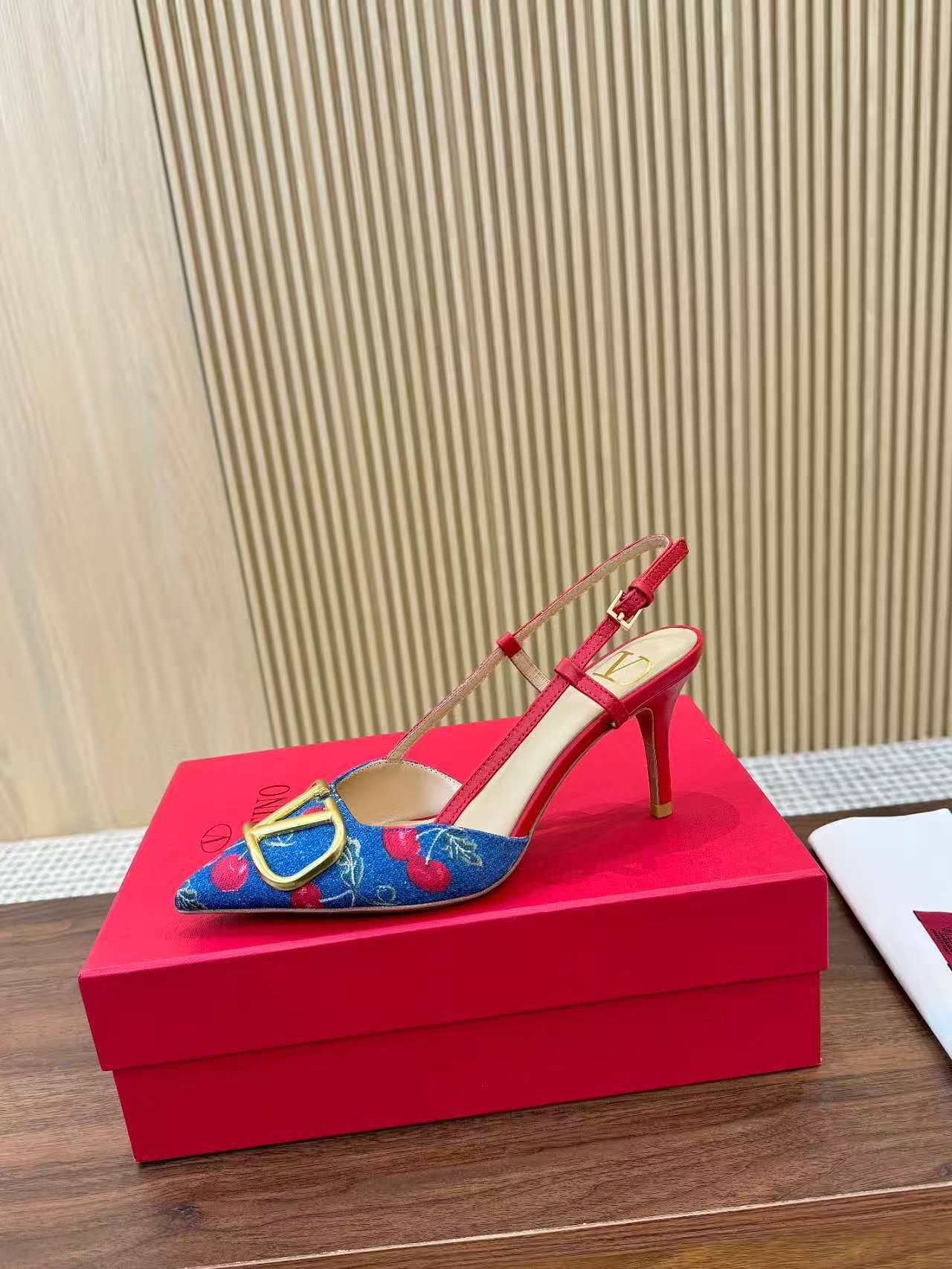 Valentino 2026 Garavani VLogo Cherry Embroidery Slingback Blue Denim Leather 502730