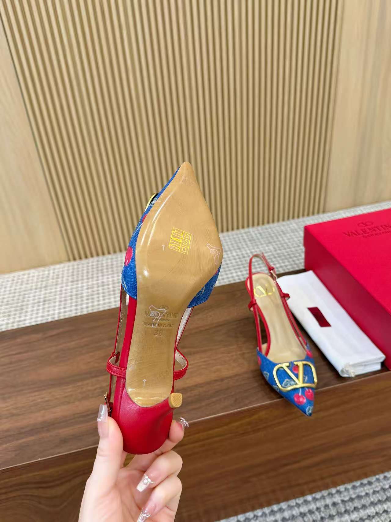 Valentino 2026 Garavani VLogo Cherry Embroidery Slingback Blue Denim Leather 502730