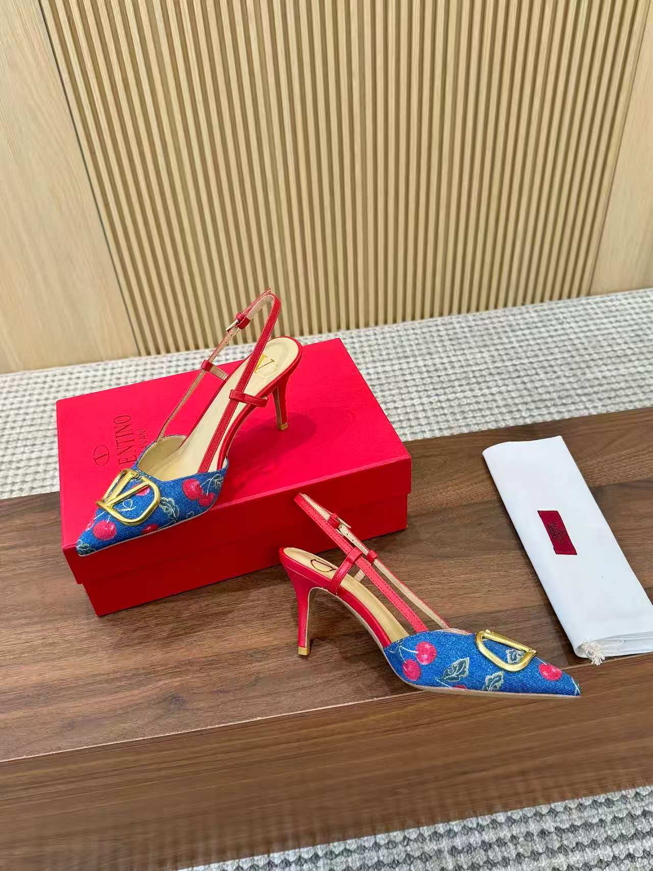 Valentino 2026 Garavani VLogo Cherry Embroidery Slingback Blue Denim Leather 502730