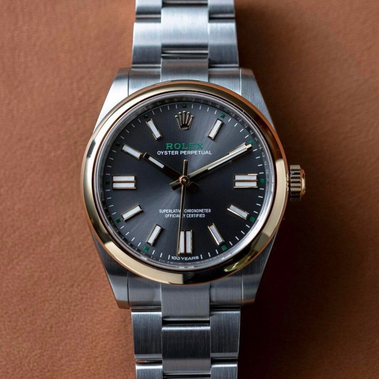 Rolex Oyster Perpetual 41mm Grey Dial Gold Bezel