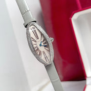 Vintage Baignoire 21mm Silver Diamond Case Grey Leather