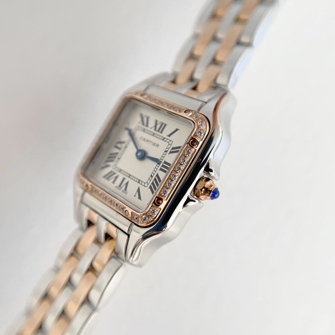 Panthere 22mm Pink Gold Silver Diamond Bezel Double Chain 44cm