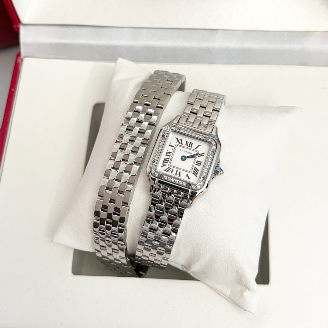 Panthere 22mm Silver Diamond Bezel Double Chain 44cm