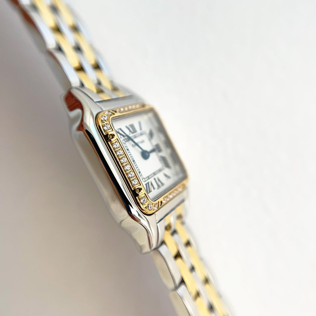 Panthere 22mm Gold Silver Diamond Bezel Double Chain 44cm