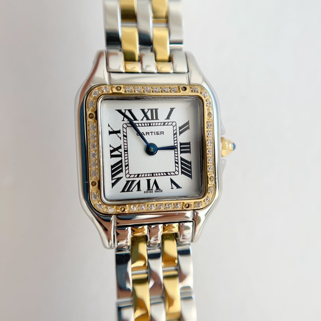 Panthere 22mm Gold Silver Diamond Bezel Double Chain 44cm