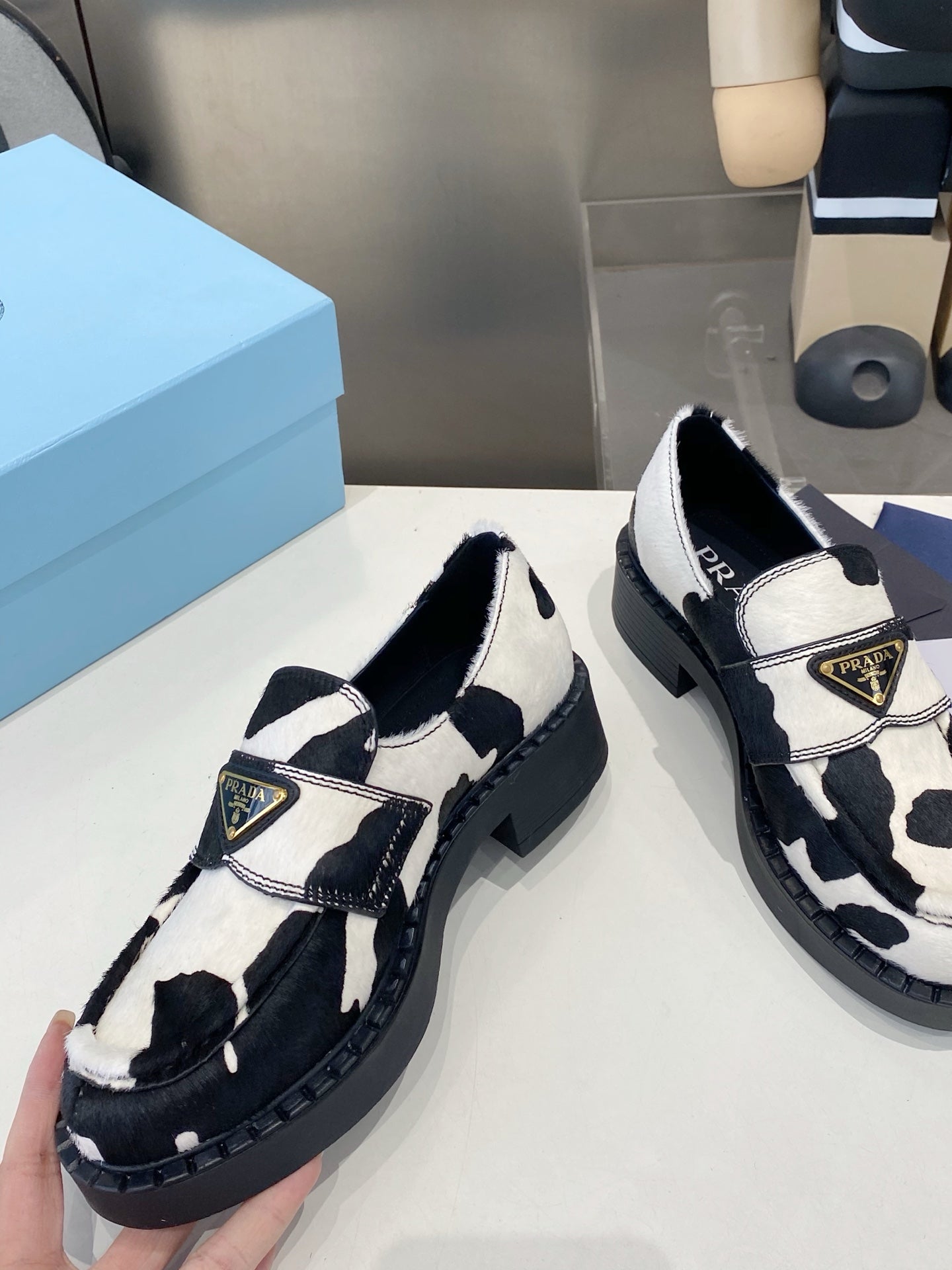 PRA 26S Platform Loafers Black White Cow Print Leather 628561