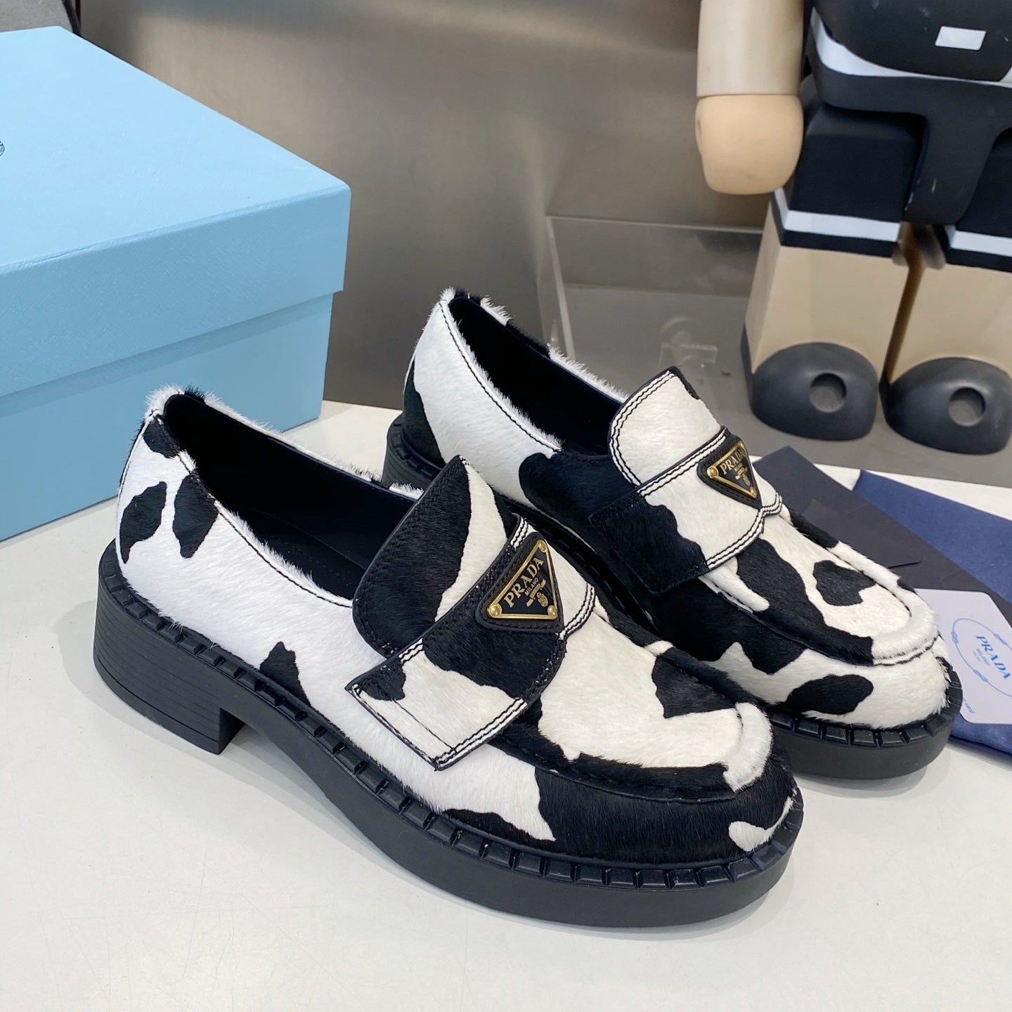 PRA 26S Platform Loafers Black White Cow Print Leather 628561