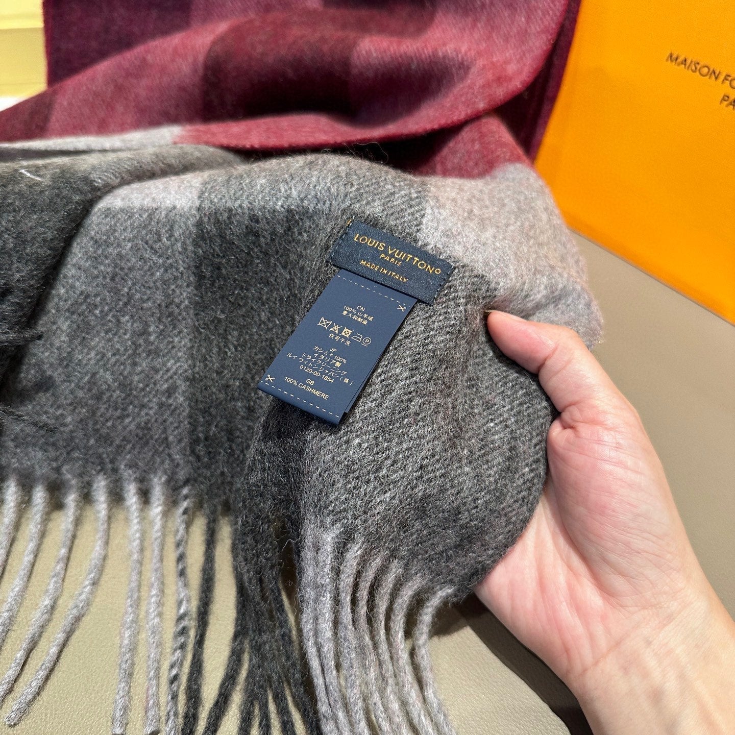 LV Scarf 185cm Burgundy Black Gray Wool Cashmere 977002