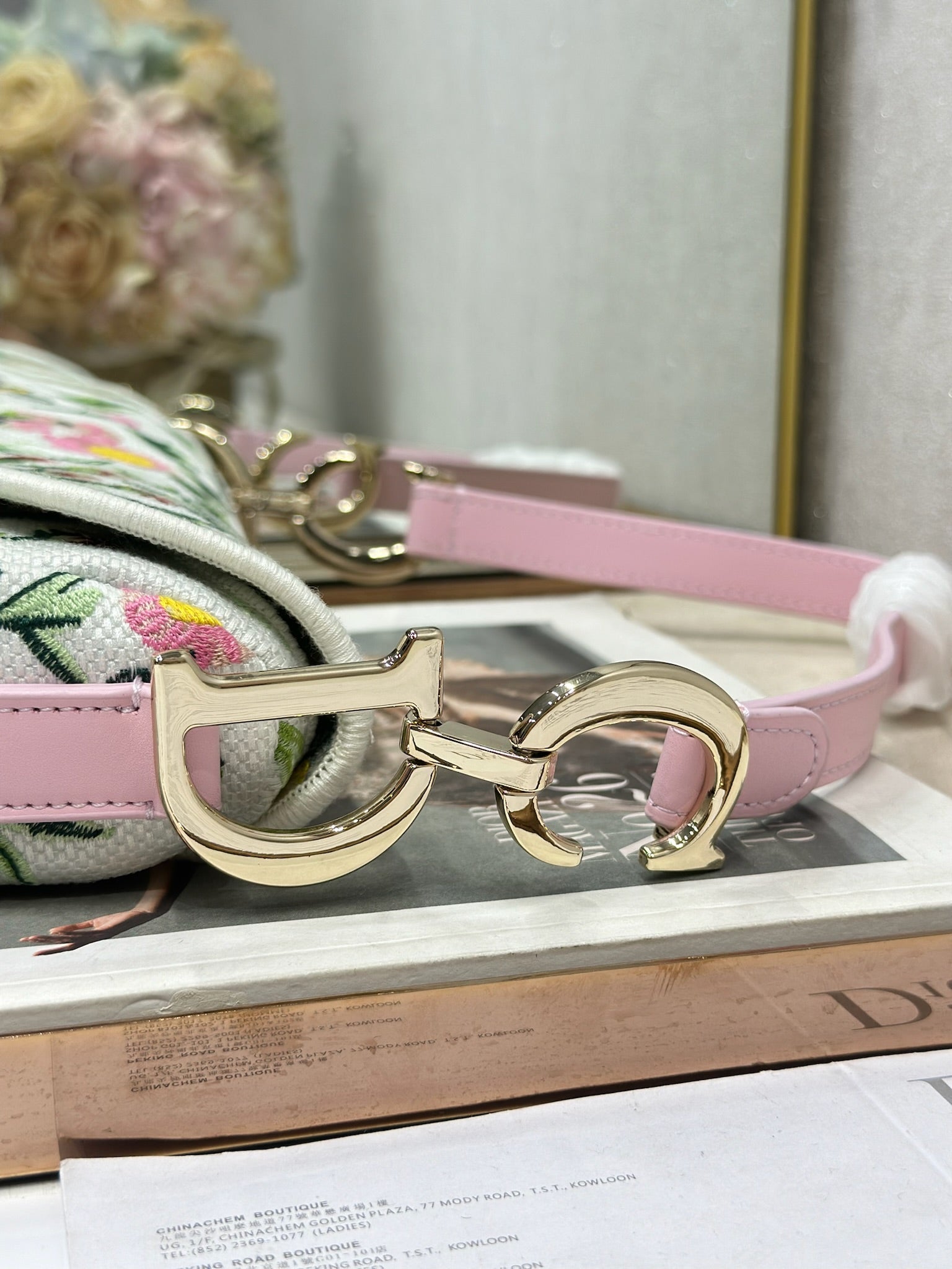 Dior 2026 Pink Flower Saddle Bag 25.5cm White Mix Colors Canvas Leather 154974