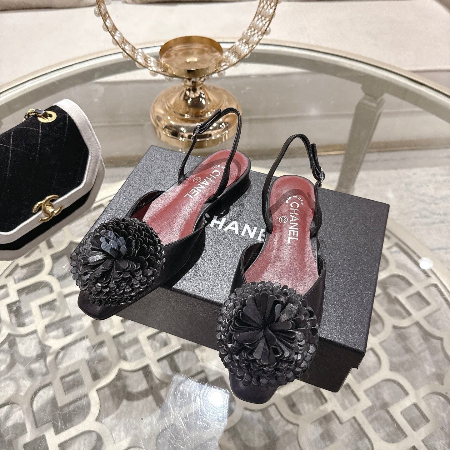 CC 26s Floral Backless Sandals Black Sheepskin 627019