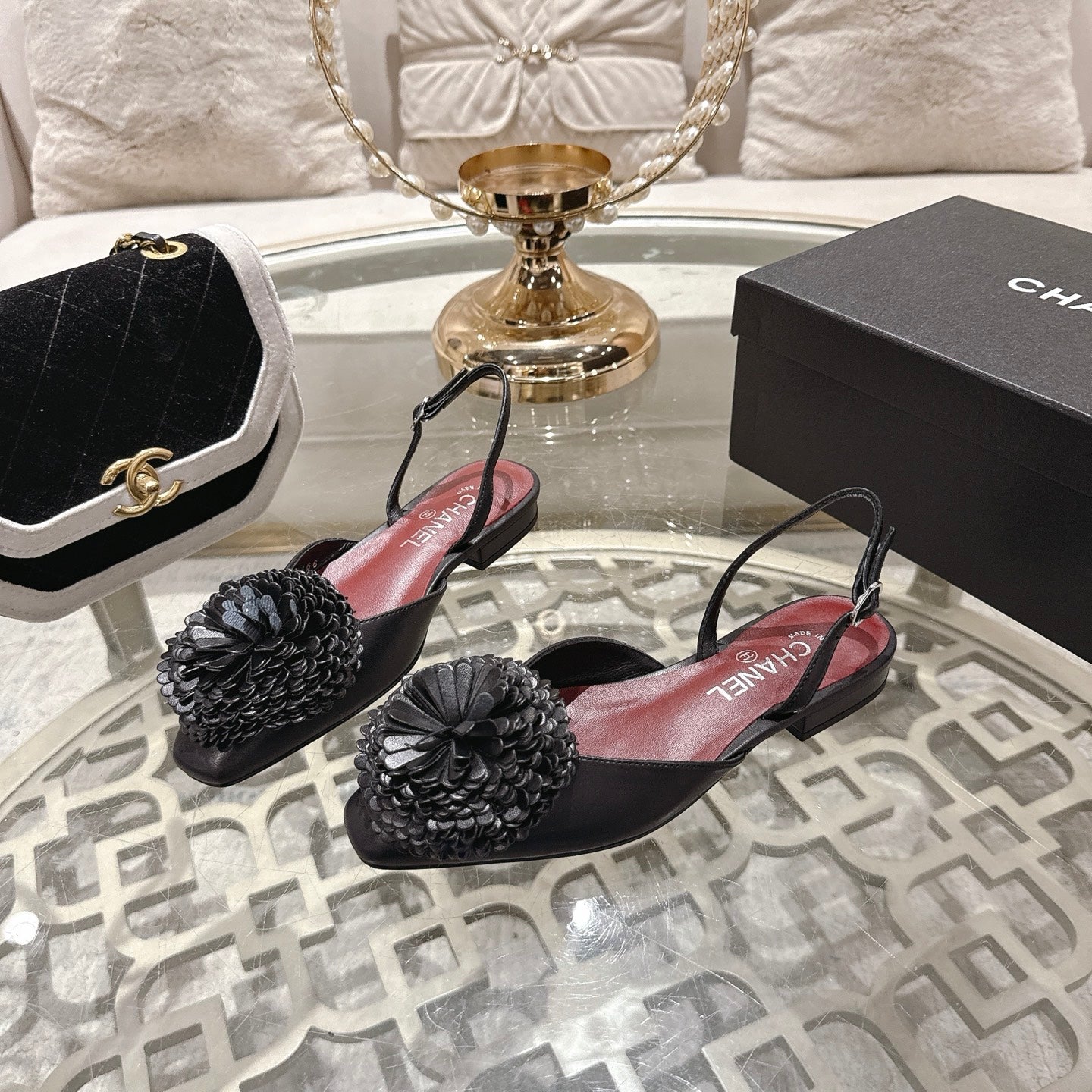 CC 26s Floral Backless Sandals Black Sheepskin 627019