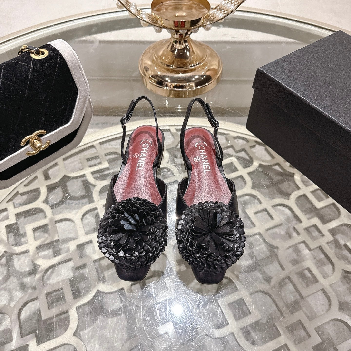 CC 26s Floral Backless Sandals Black Sheepskin 627019