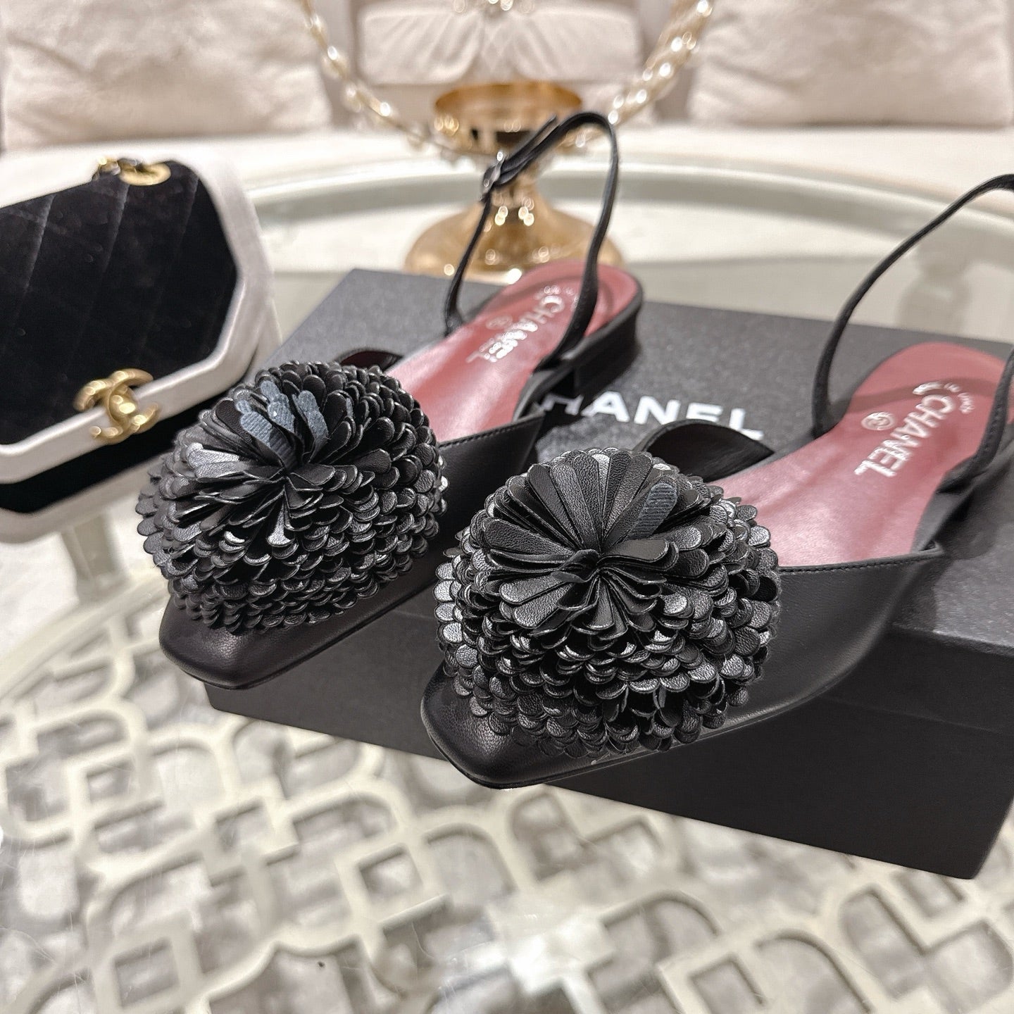 CC 26s Floral Backless Sandals Black Sheepskin 627019
