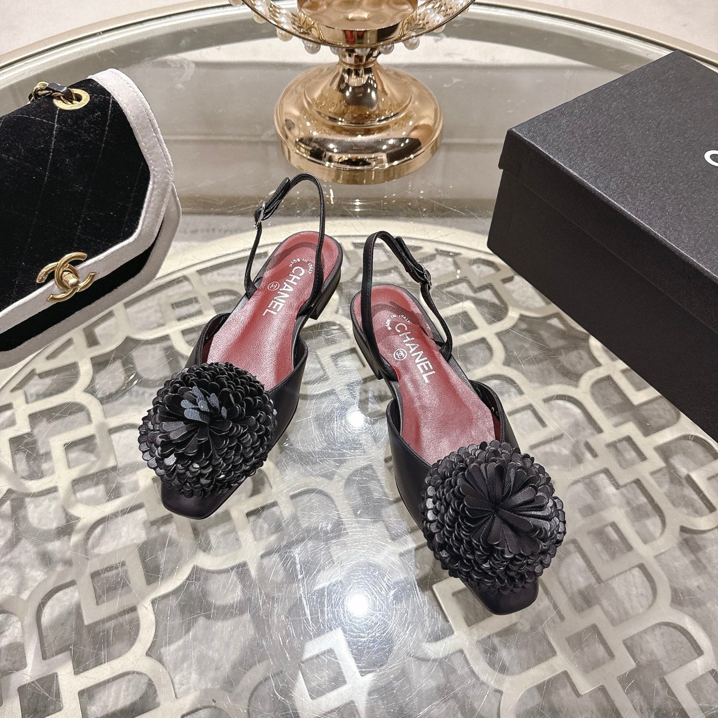 CC 26s Floral Backless Sandals Black Sheepskin 627019