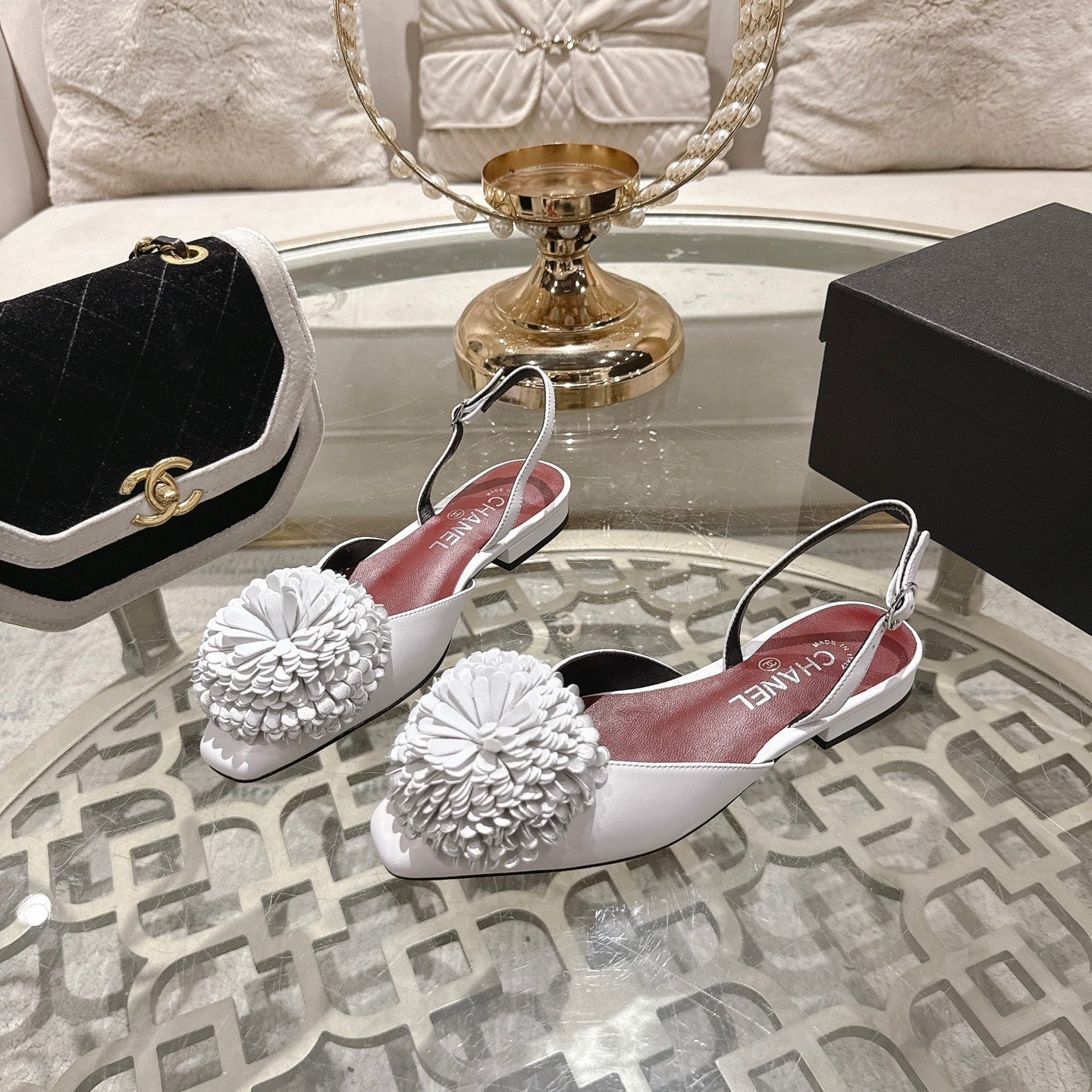 CC 26s Floral Backless Sandals White Sheepskin 627021