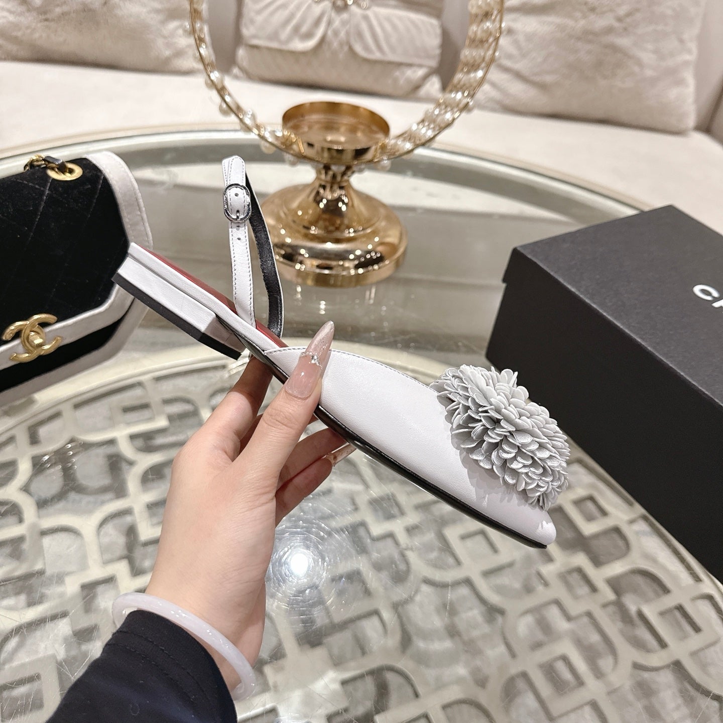 CC 26s Floral Backless Sandals White Sheepskin 627021