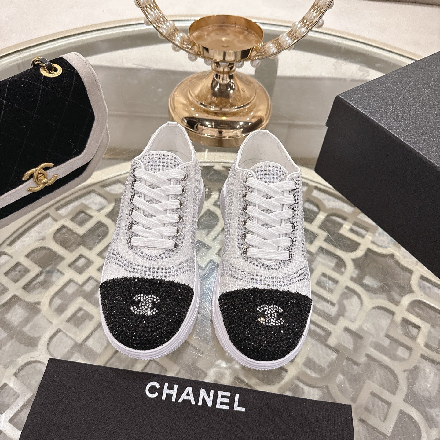 CC 26s Platform Sneakers White Black Rhinestone Sheepskin 627058