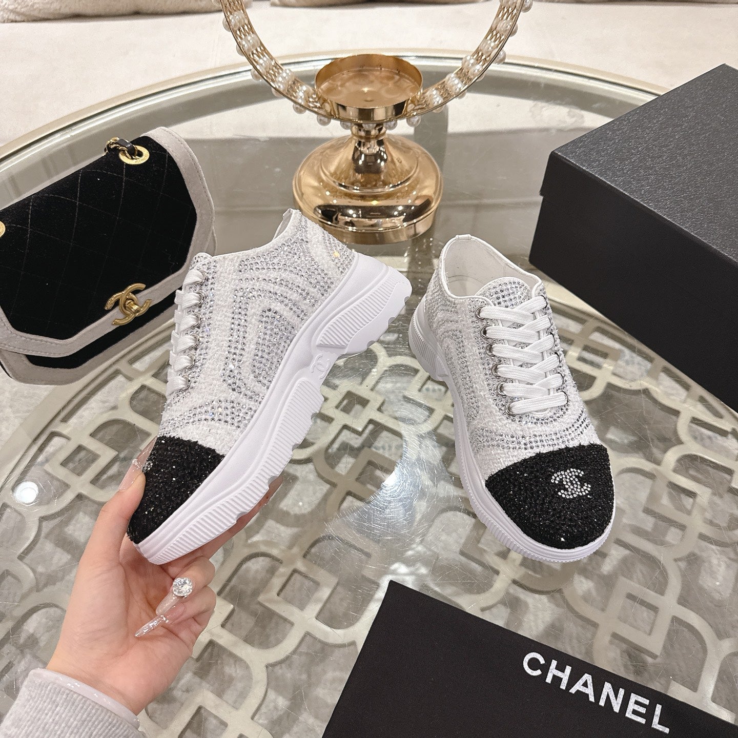 CC 26s Platform Sneakers White Black Rhinestone Sheepskin 627058
