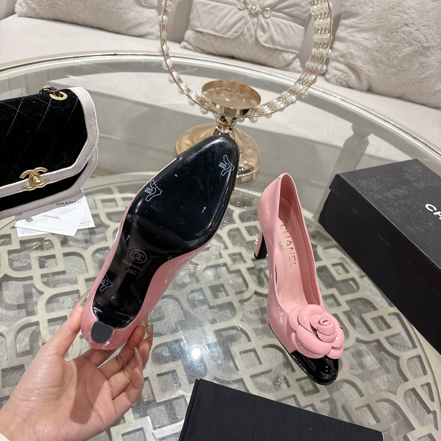 CC 26s High Heels Pump 85 Pink Black Patent Leather 627002