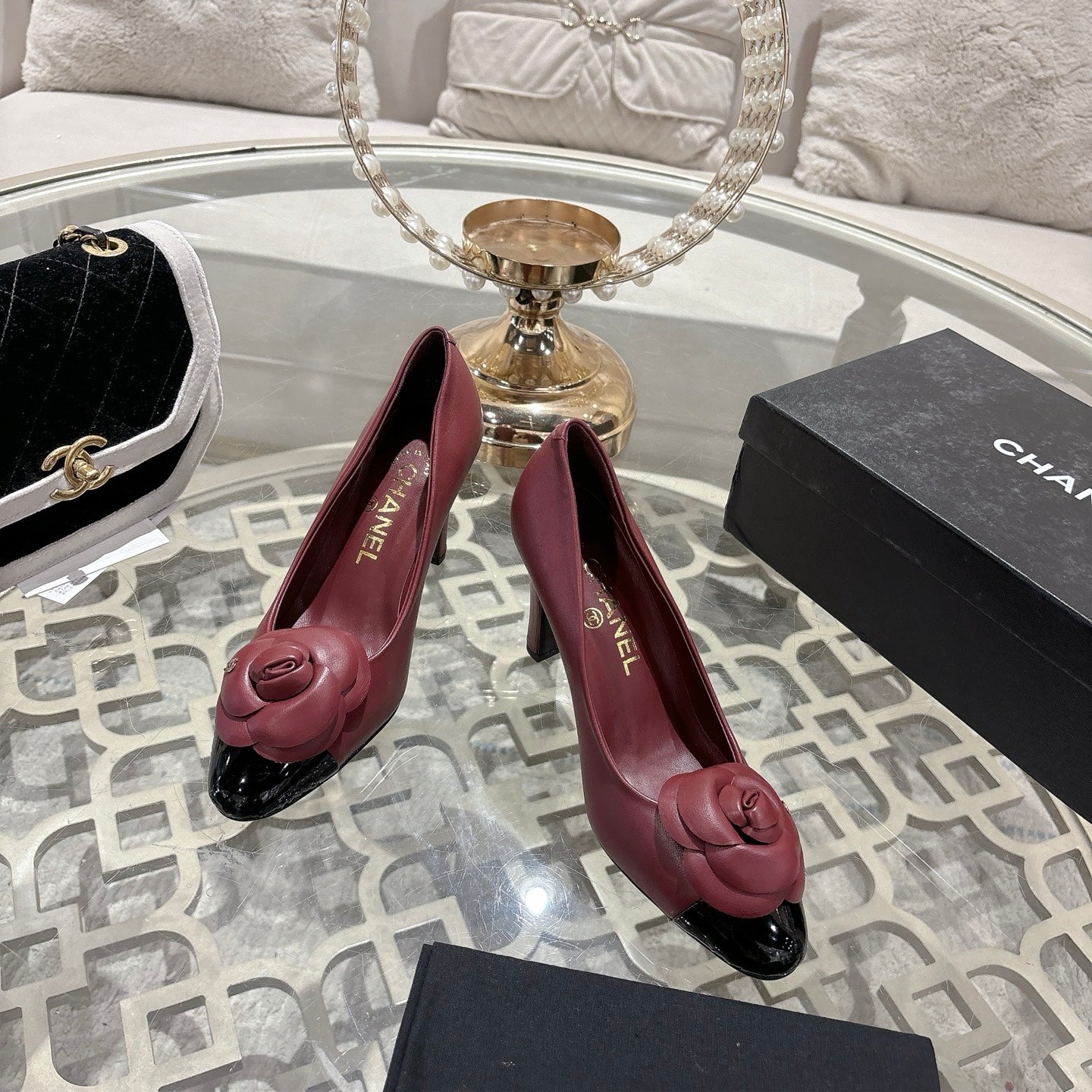 CC 26s High Heels Pump 85 Burgundy Black Sheepskin 627007