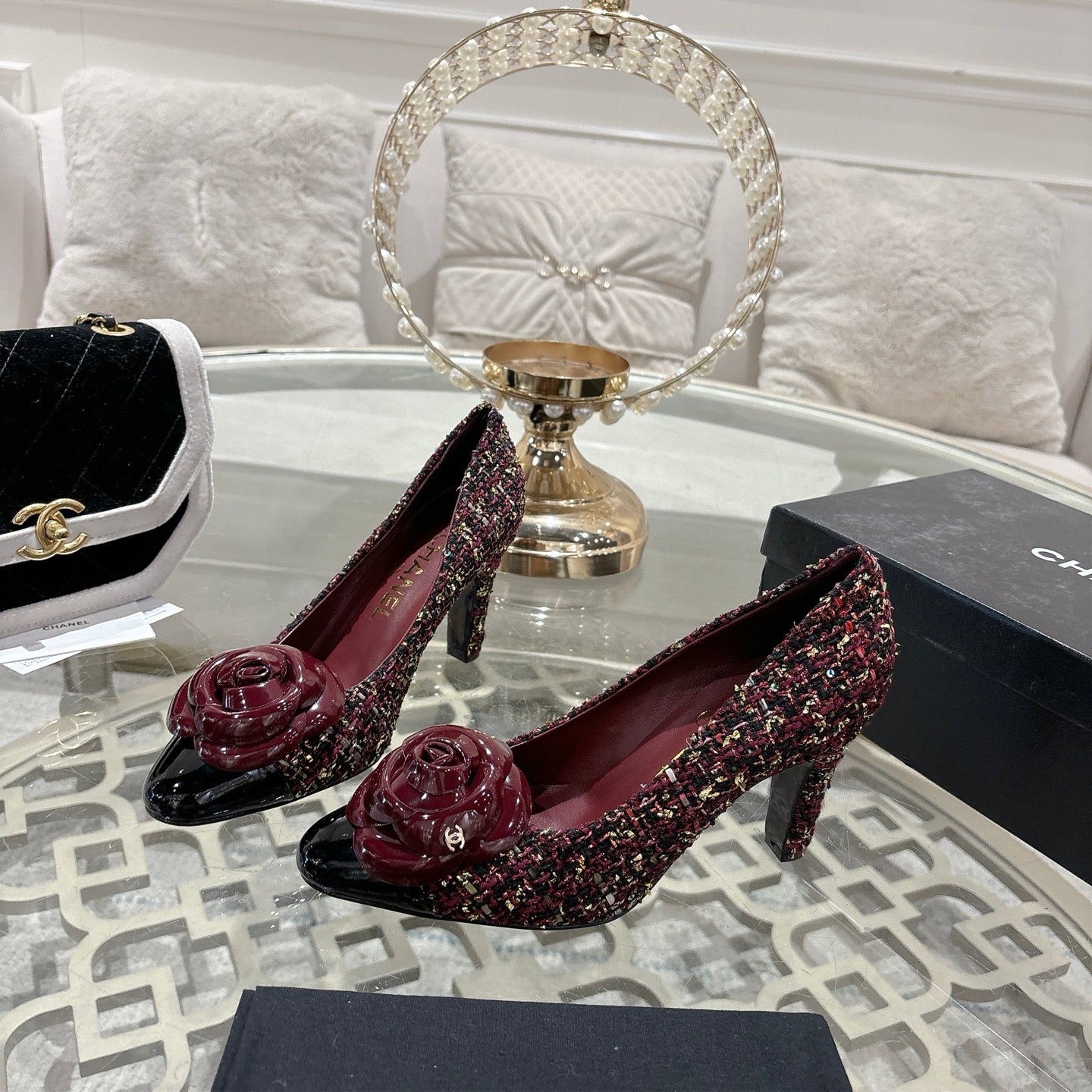 CC 26s High Heels Pump 85 Burgundy Colorful Wool Fabric 627013