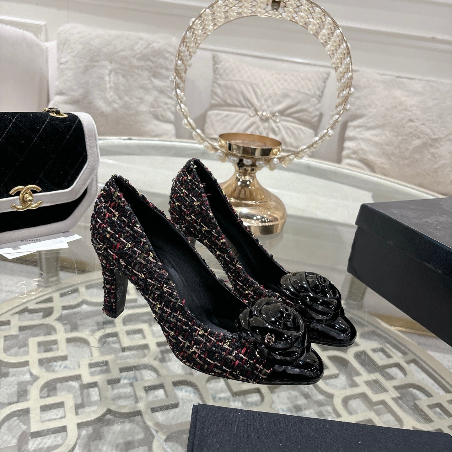 CC 26s High Heels Pump 85 Black Colorful Wool Fabric 627014