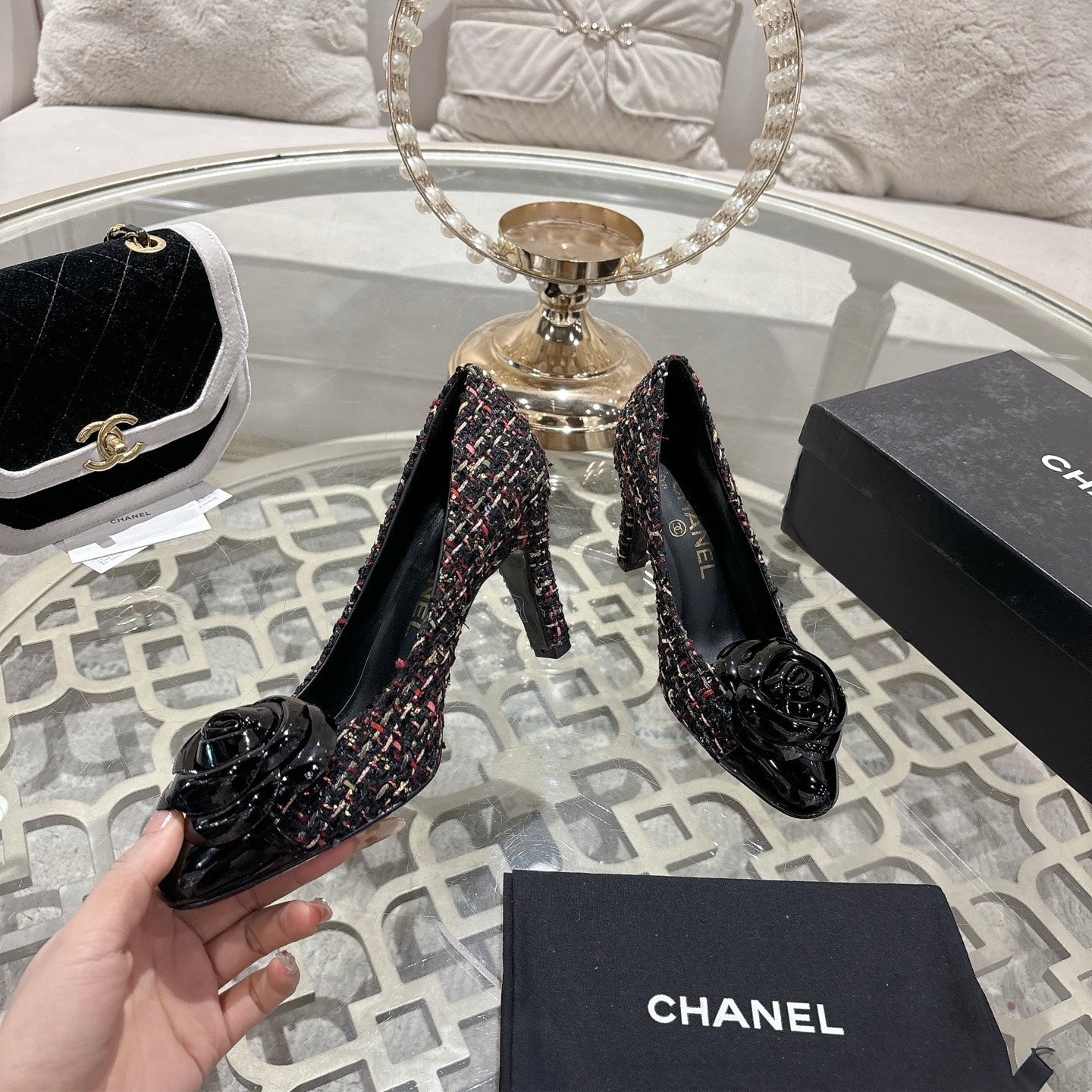 CC 26s High Heels Pump 85 Black Colorful Wool Fabric 627014