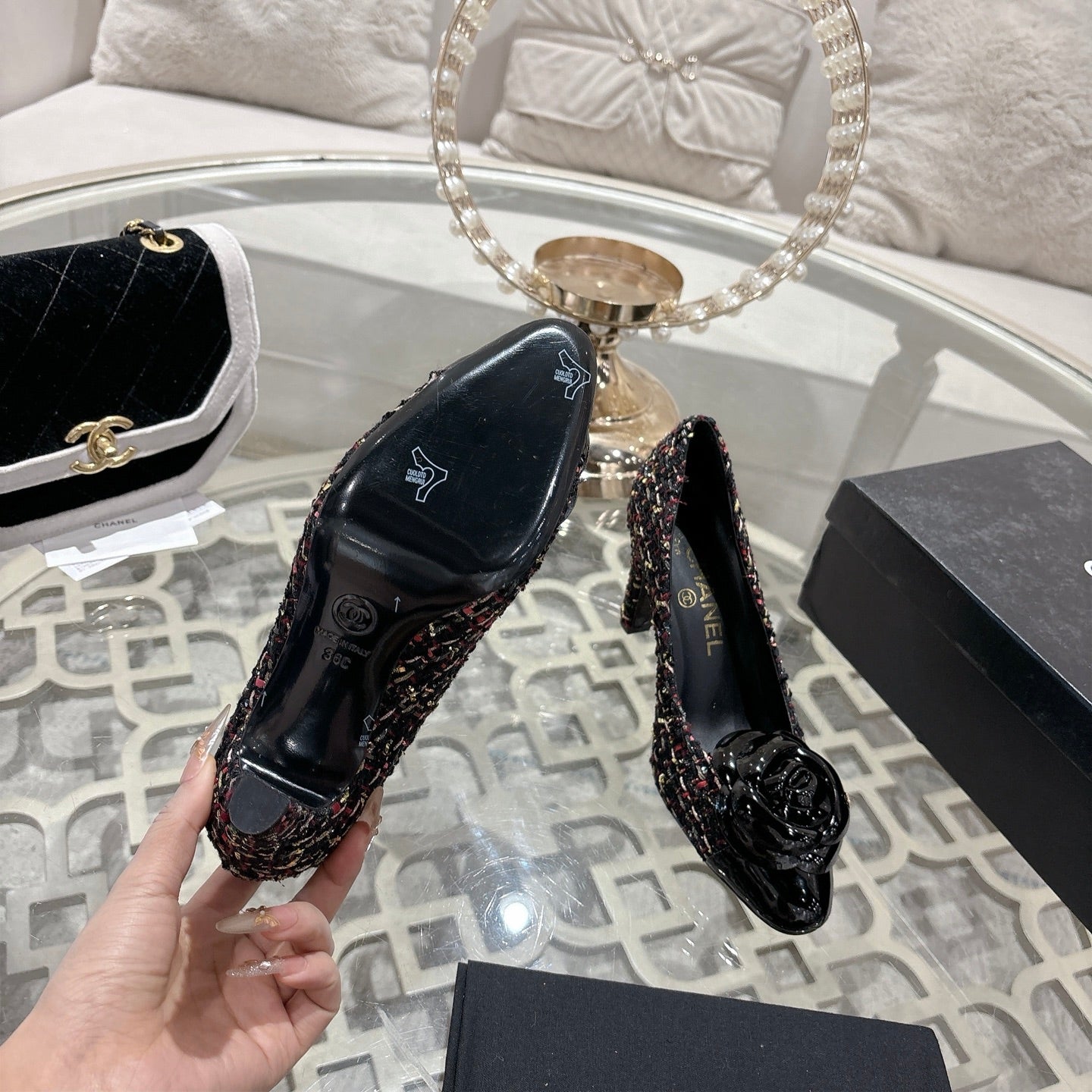 CC 26s High Heels Pump 85 Black Colorful Wool Fabric 627014