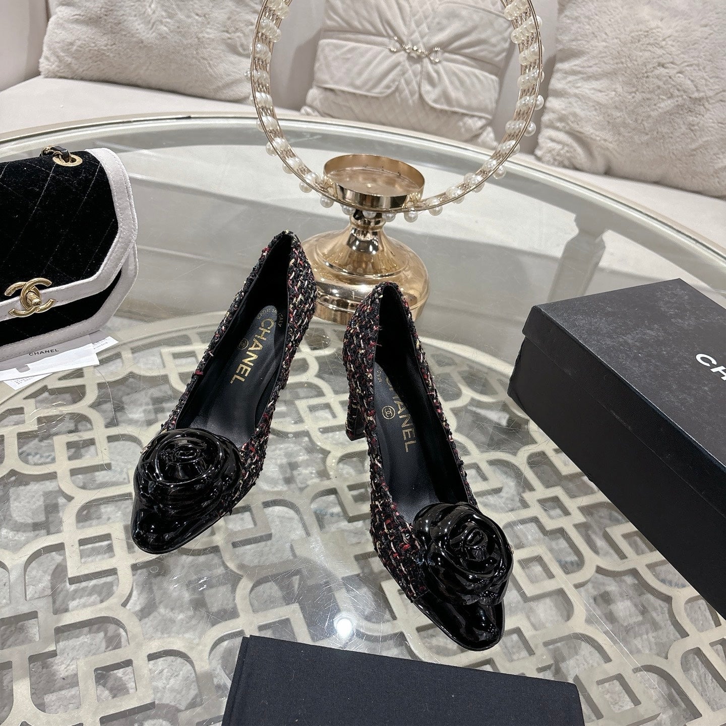 CC 26s High Heels Pump 85 Black Colorful Wool Fabric 627014