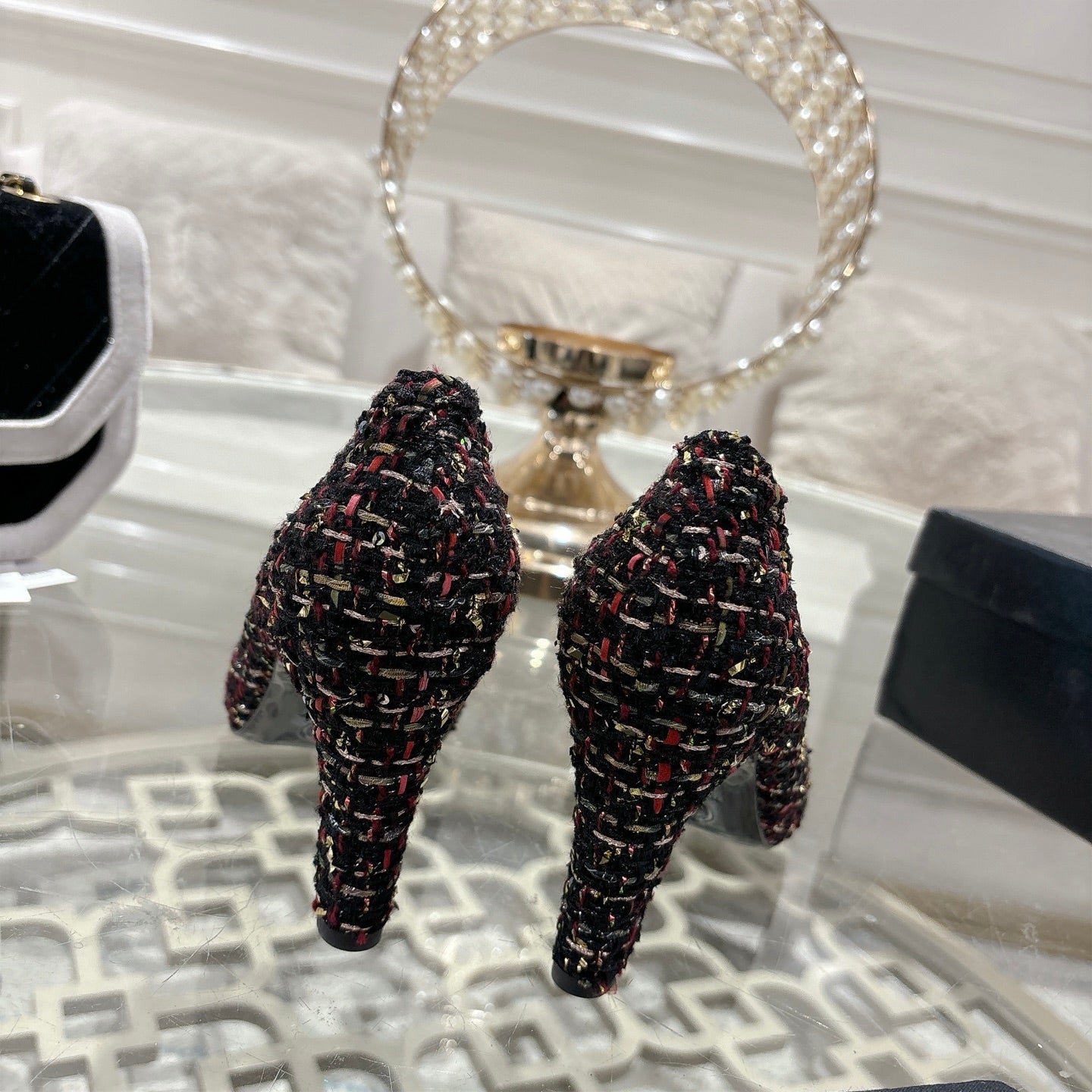 CC 26s High Heels Pump 85 Black Colorful Wool Fabric 627014