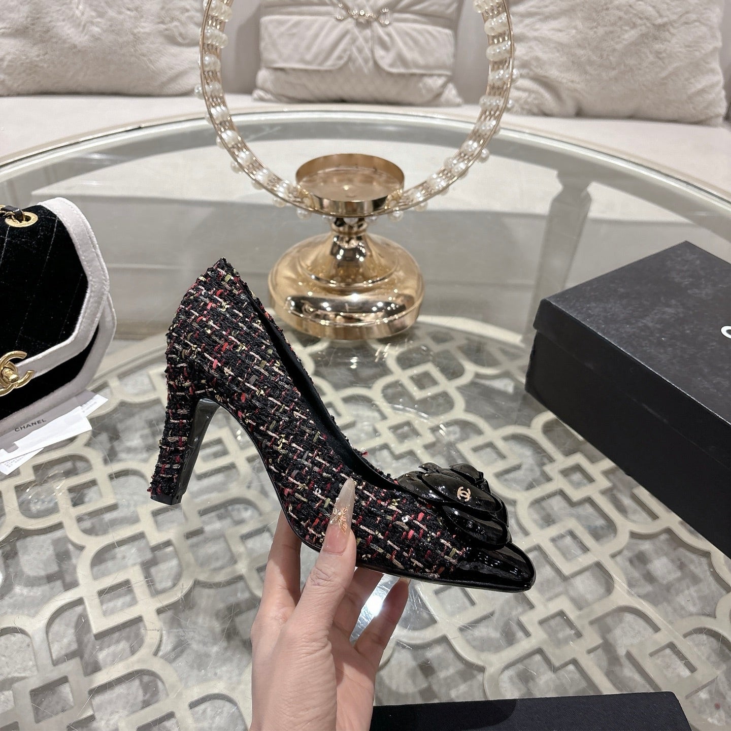 CC 26s High Heels Pump 85 Black Colorful Wool Fabric 627014