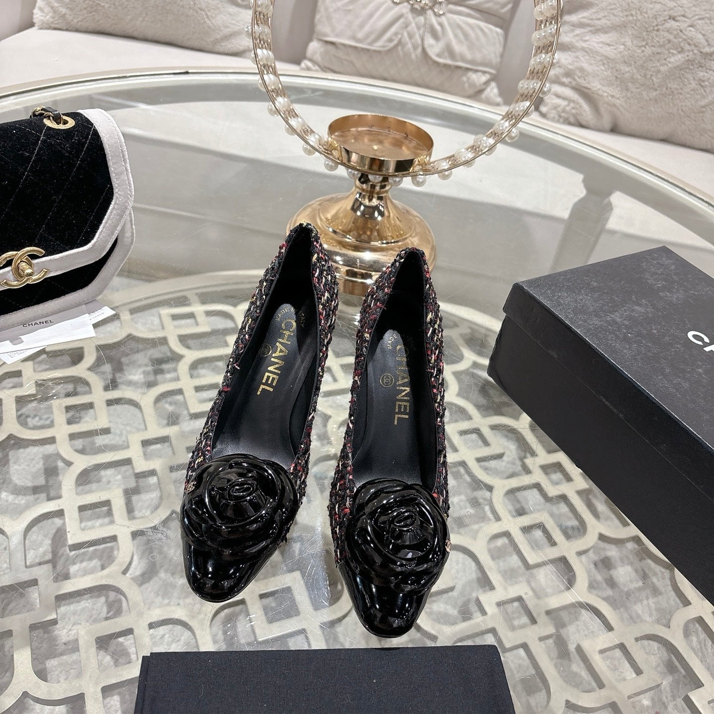 CC 26s High Heels Pump 85 Black Colorful Wool Fabric 627014