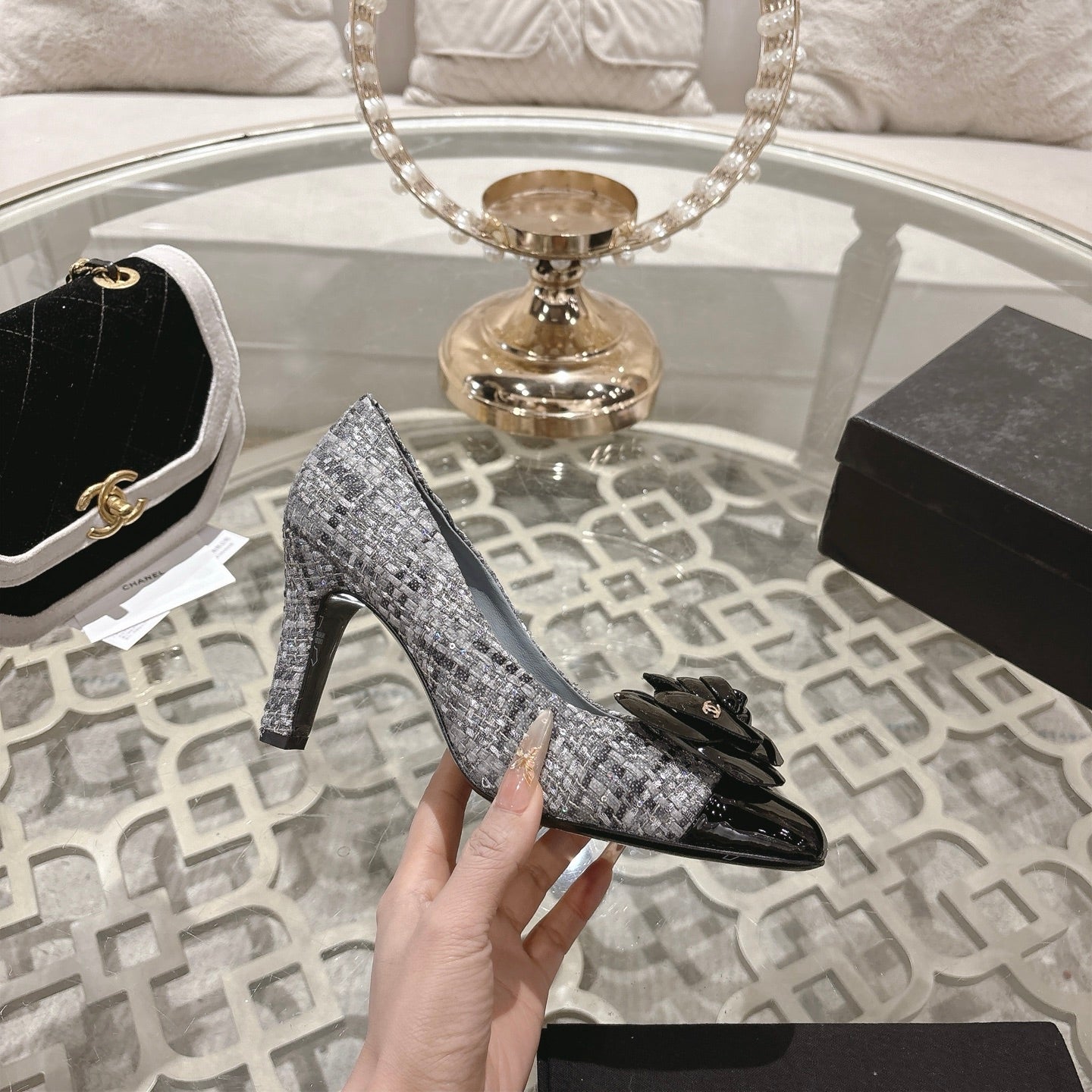 CC 26s High Heels Pump 85 Gray Black Wool Fabric 627016