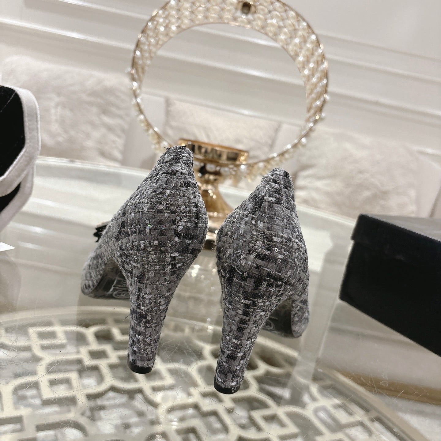 CC 26s High Heels Pump 85 Gray Black Wool Fabric 627016