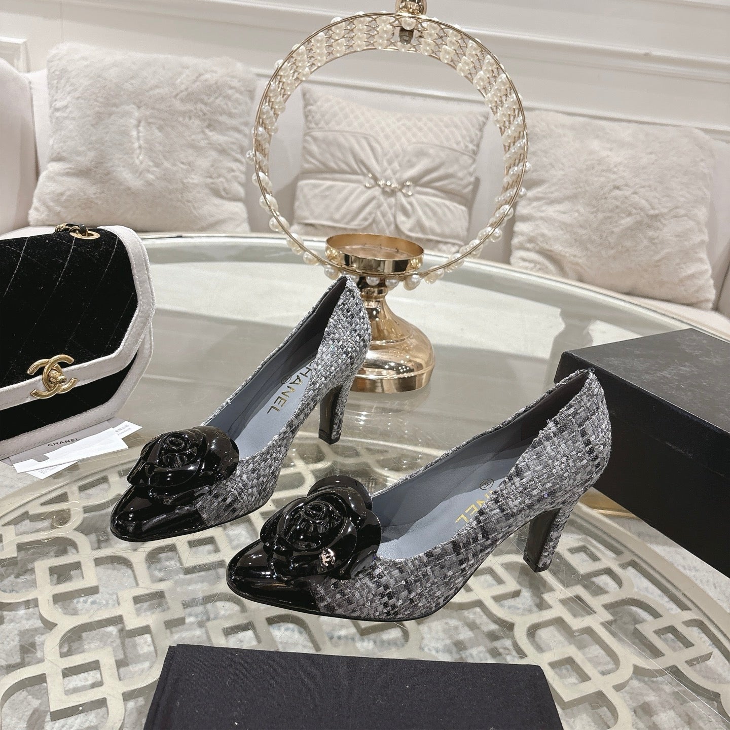 CC 26s High Heels Pump 85 Gray Black Wool Fabric 627016