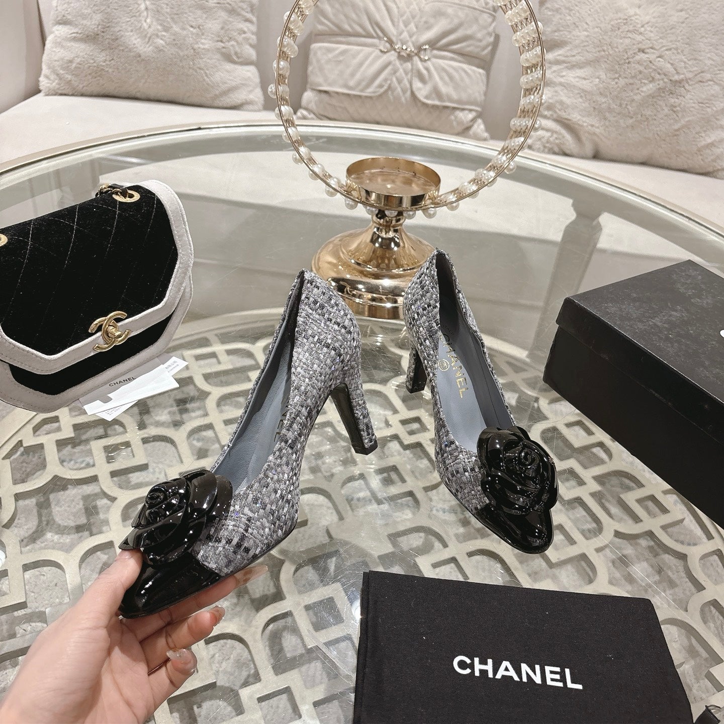 CC 26s High Heels Pump 85 Gray Black Wool Fabric 627016