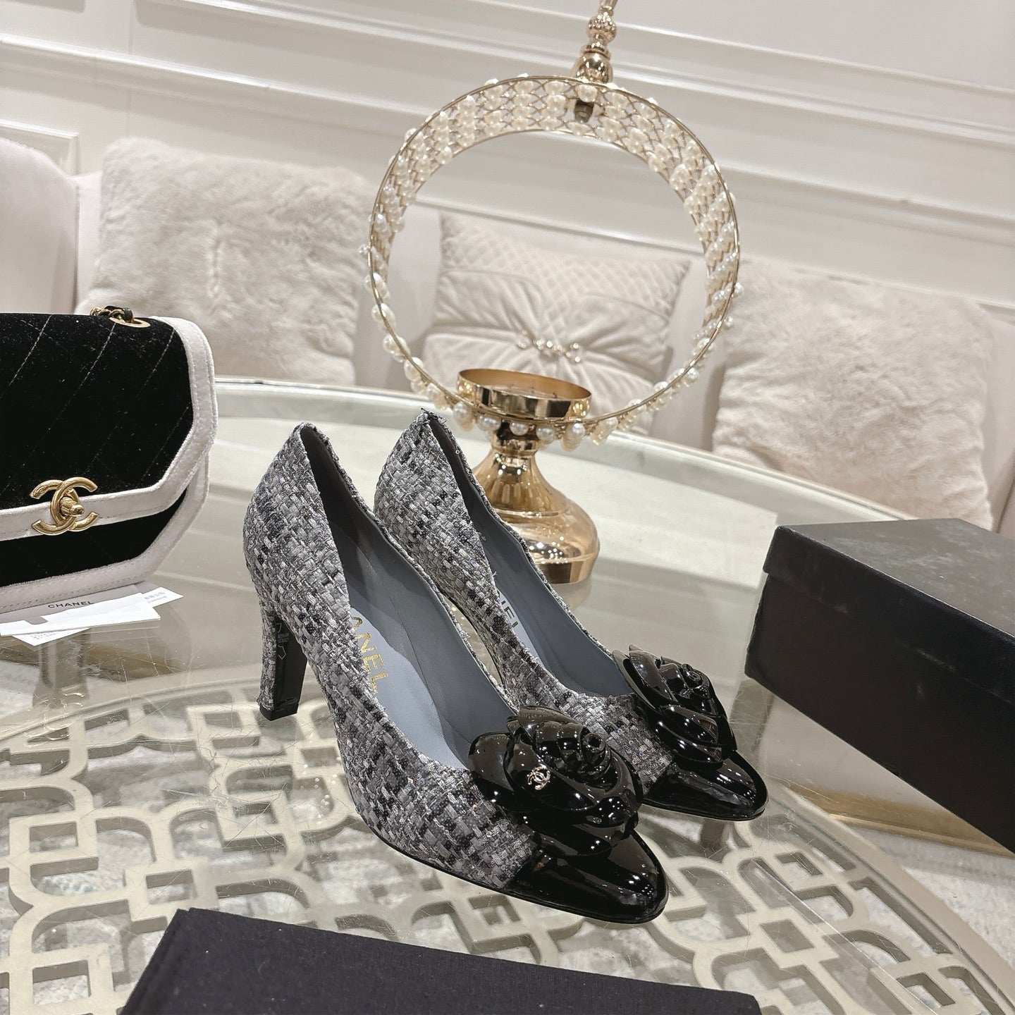 CC 26s High Heels Pump 85 Gray Black Wool Fabric 627016