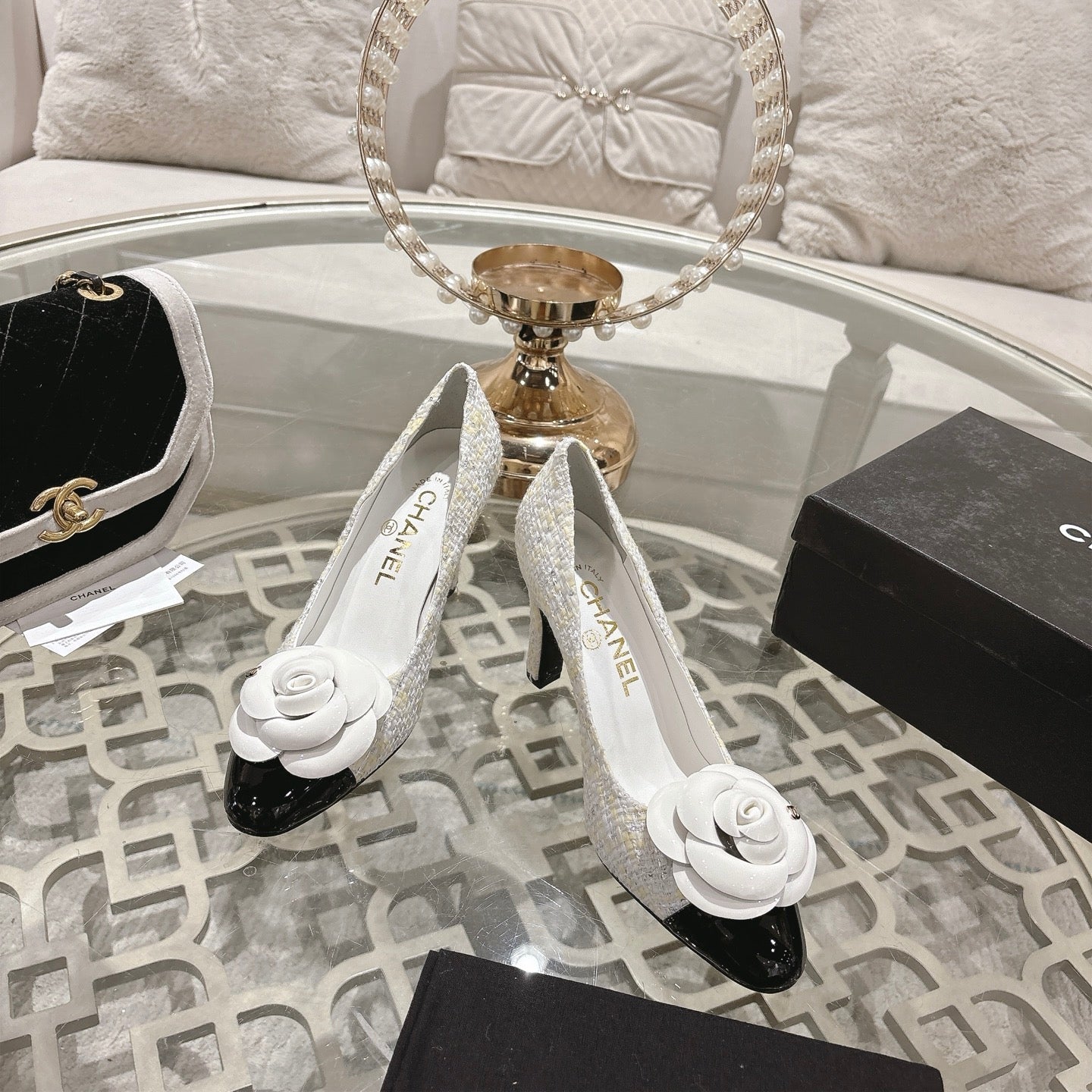 CC 26s High Heels Pump 85 White Black Wool Fabric 627018