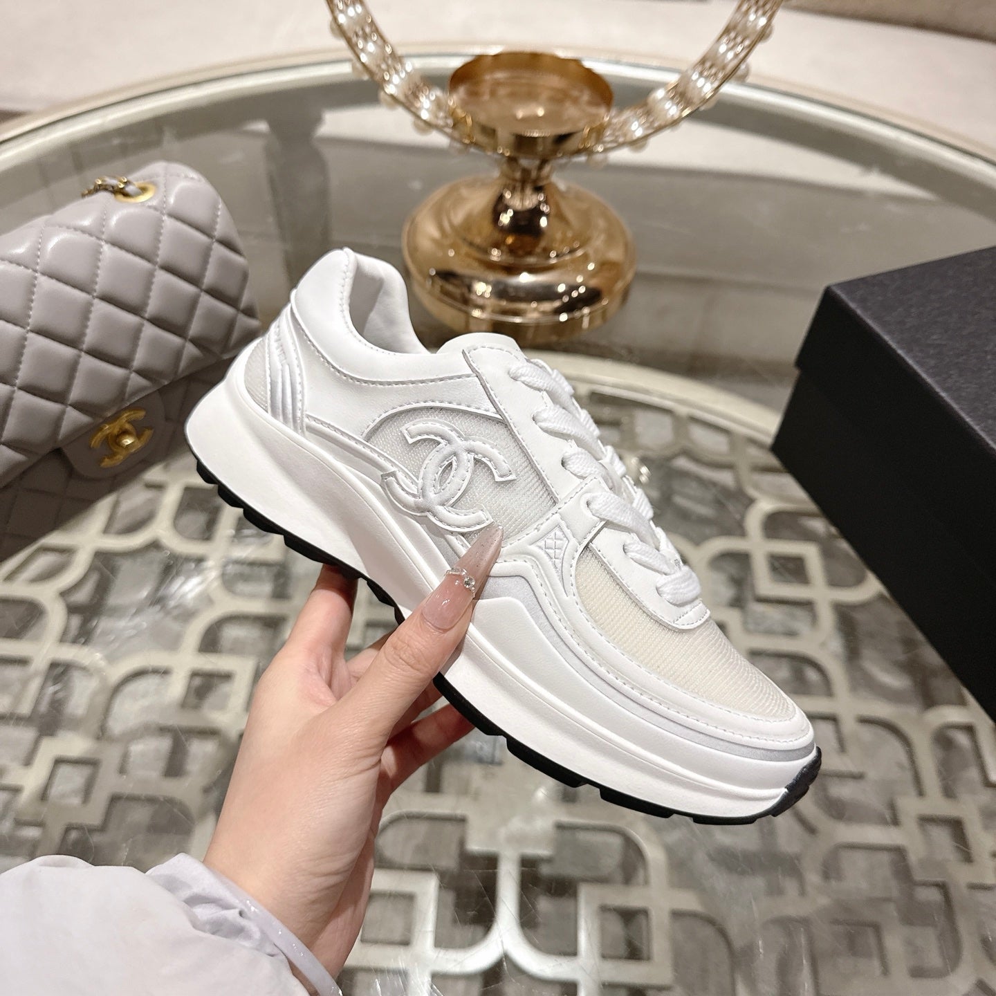 CC 26s Platform Sneakers White Mesh Sheepskin 627063