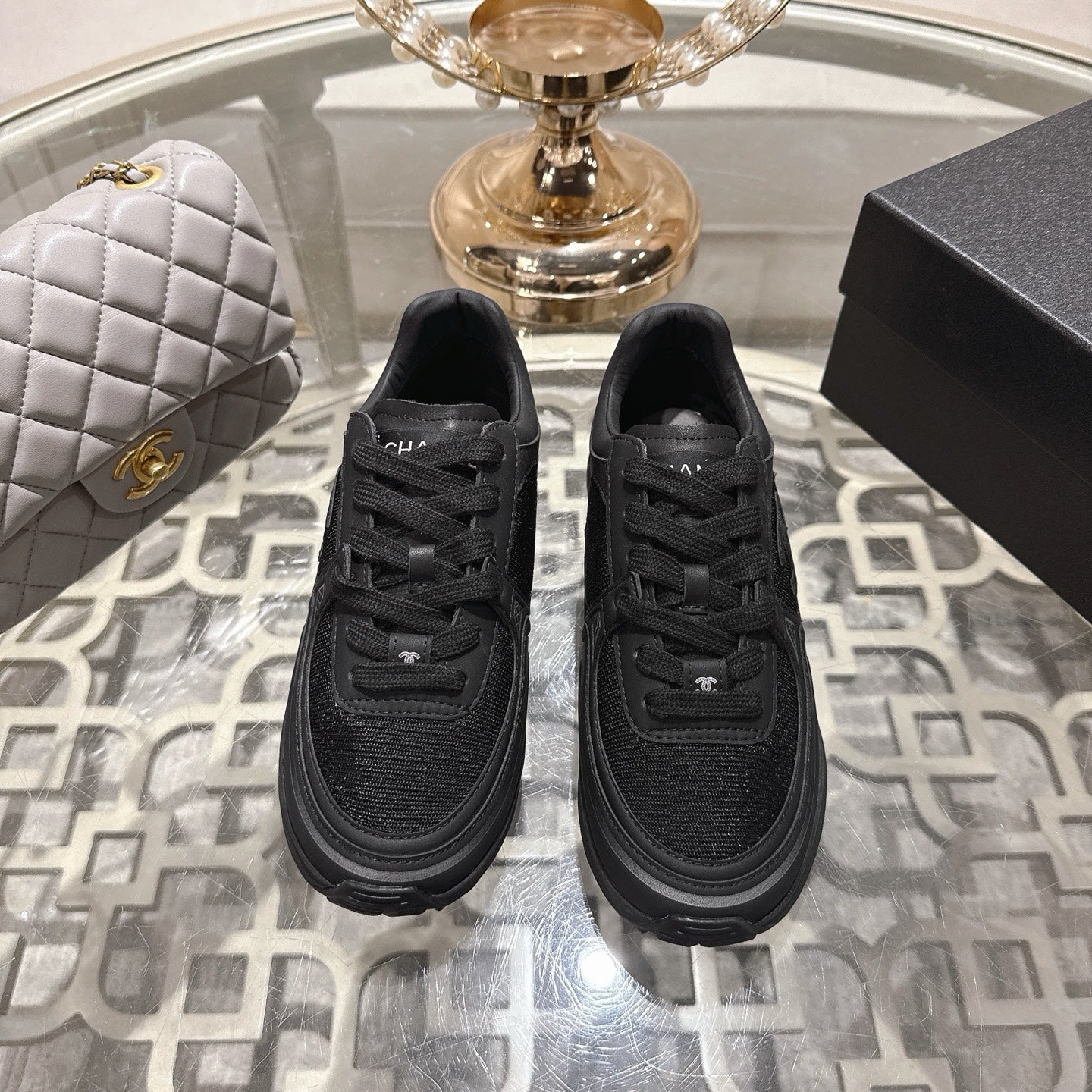 CC 26s Platform Sneakers Black Mesh Sheepskin 627064