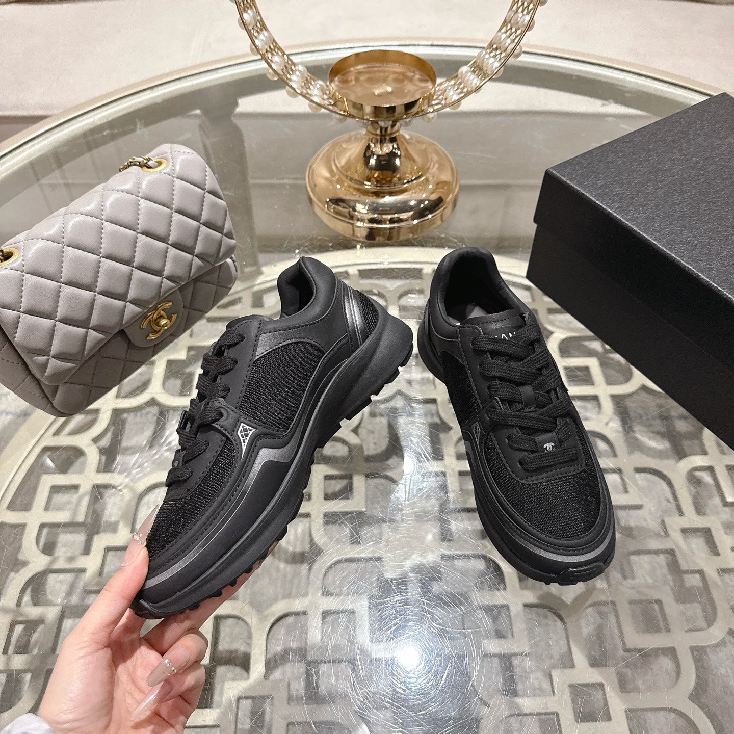 CC 26s Platform Sneakers Black Mesh Sheepskin 627064