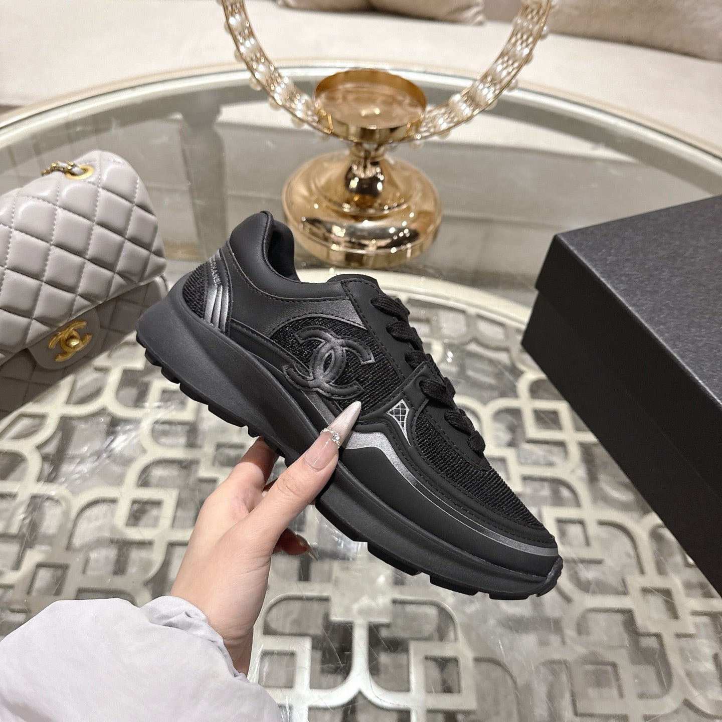 CC 26s Platform Sneakers Black Mesh Sheepskin 627064