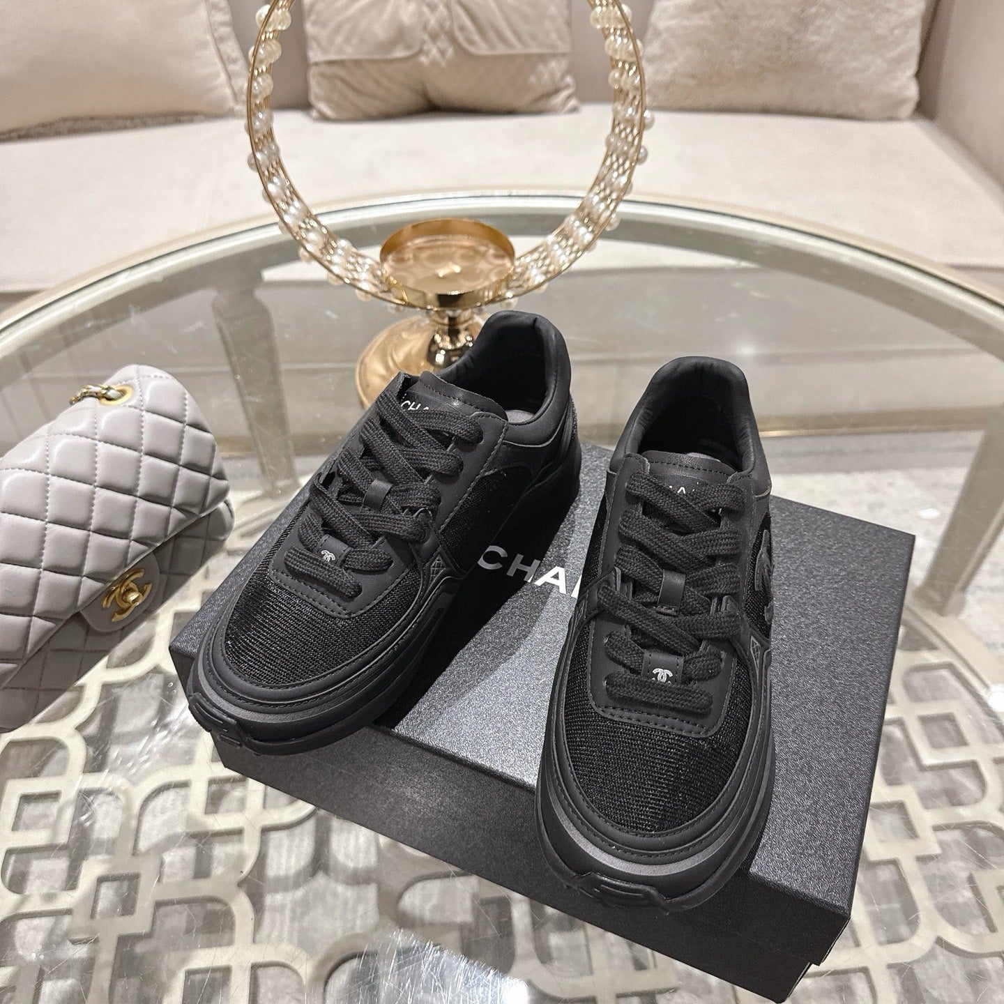 CC 26s Platform Sneakers Black Mesh Sheepskin 627064