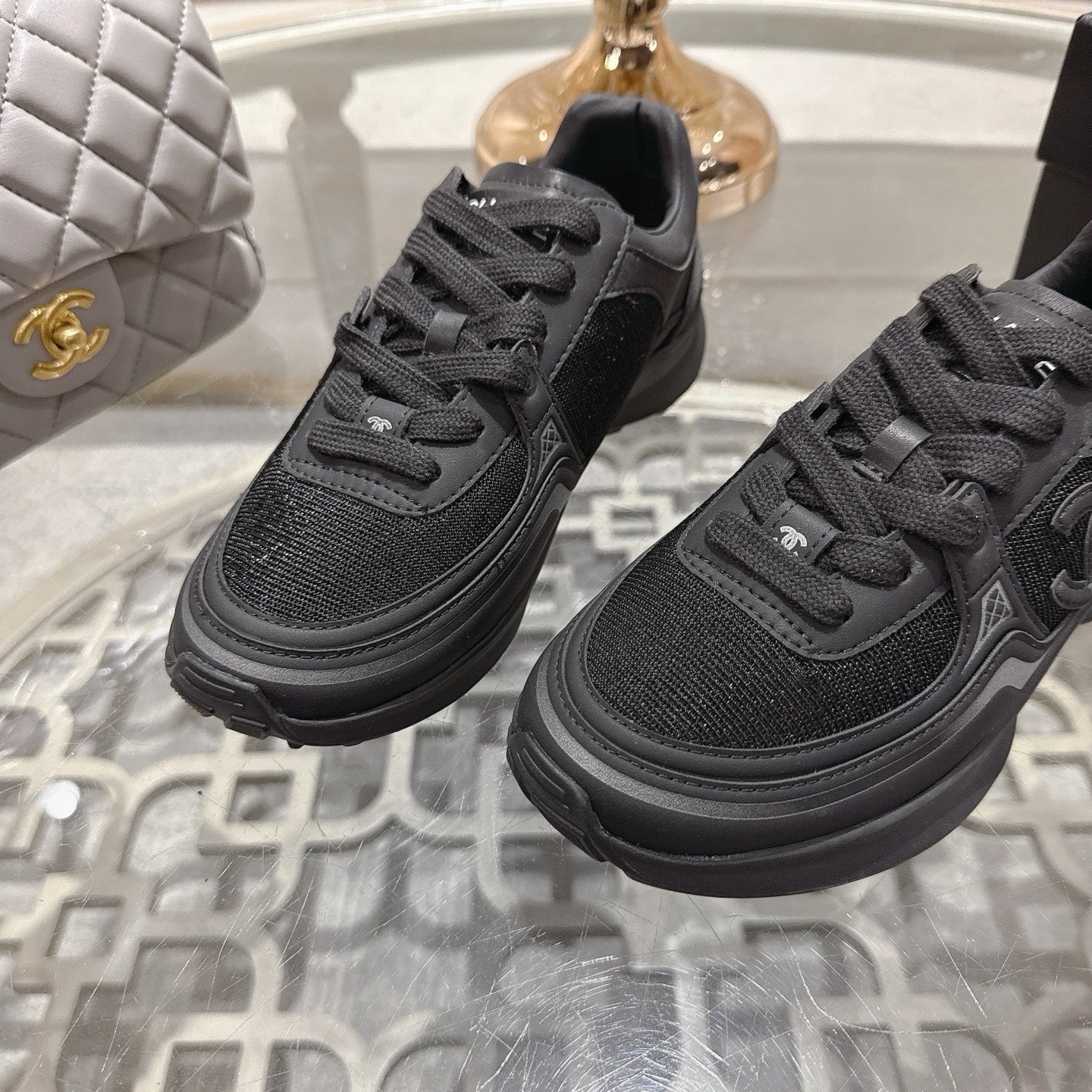 CC 26s Platform Sneakers Black Mesh Sheepskin 627064