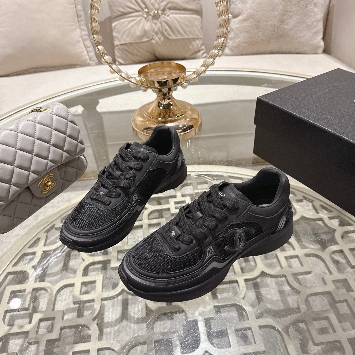 CC 26s Platform Sneakers Black Mesh Sheepskin 627064