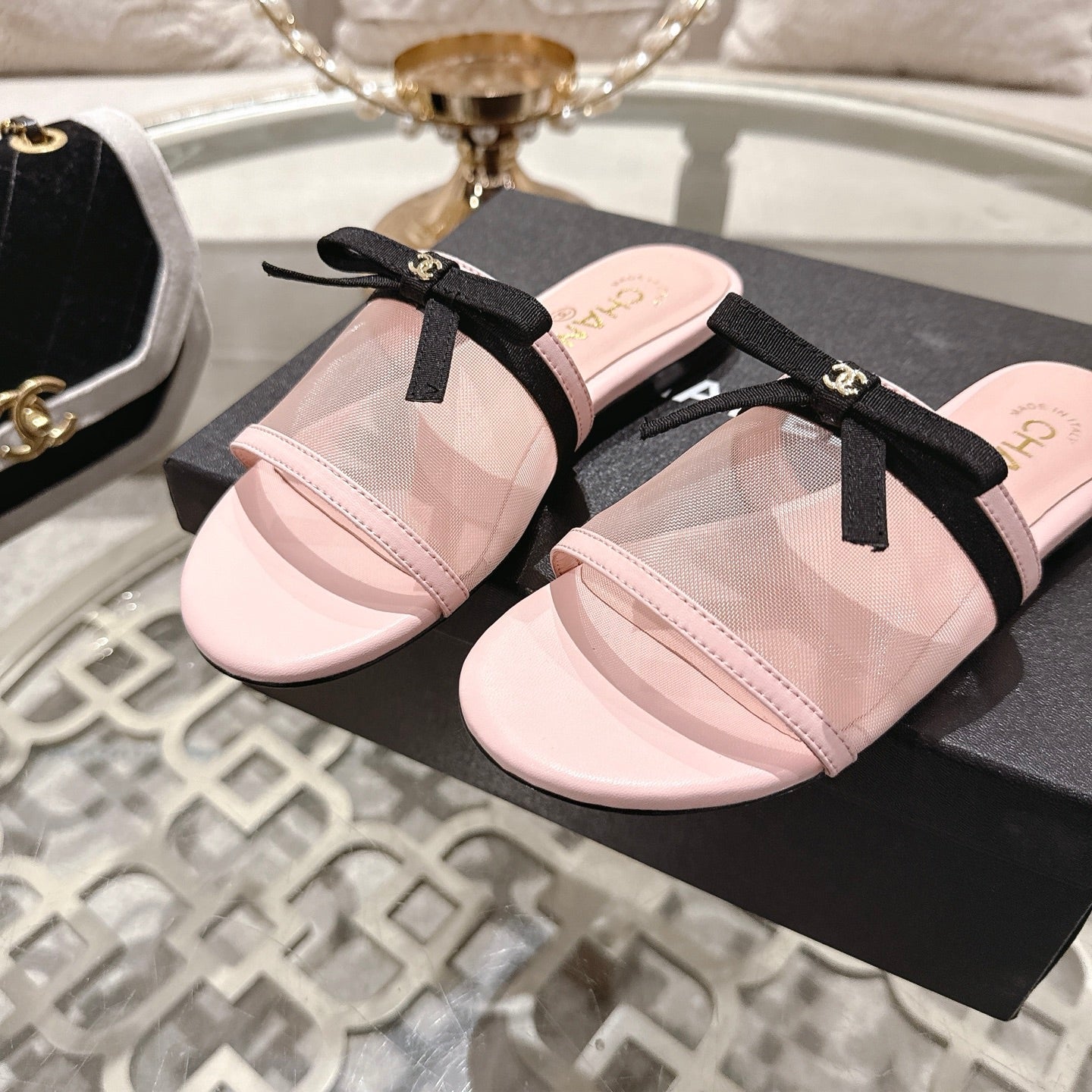 CC 26s Chunky Heel Sandals Light Pink Mesh Sheepskin 627067